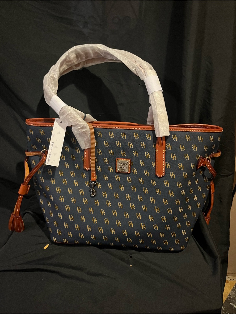 Oversized Dooney & Bourke Navy Monogram Tote with Brown Trim